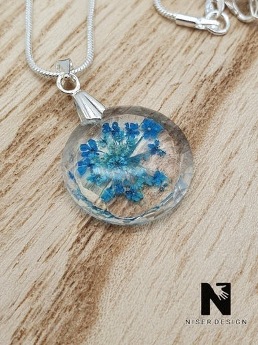 Kette ANGELA 925 Sterling Silber in Medaillonform und Anhänger mit blaue Blüte Neu - NISER DESIGN